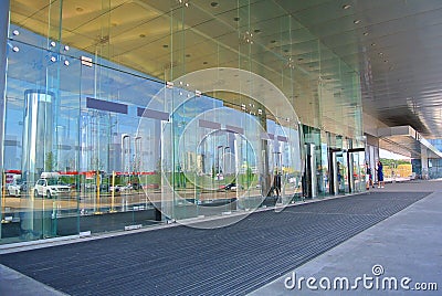 Modern glass entrance to the building in Moscow Editorial Stock Photo