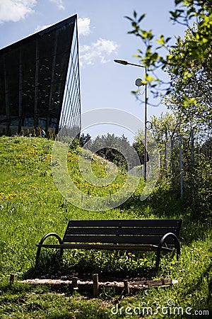 Gorgeous Modern Office Building and Bench in the Forest Stock Photo