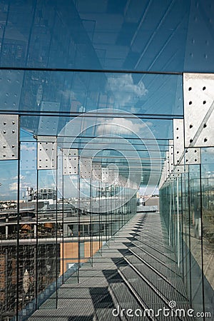 modern glass tunnel, contemporary architecture design, futuristic abstract perspective, centrum spotkania kultur, Lublin Stock Photo