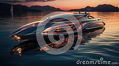 Modern glossy futuristic private yacht at sunset Stock Photo