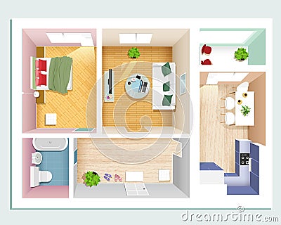 Modern graphic apartment top view: bedroom, living room, kitchen, hall and bathroom. Stylish flat room interiors set. Vector Illustration