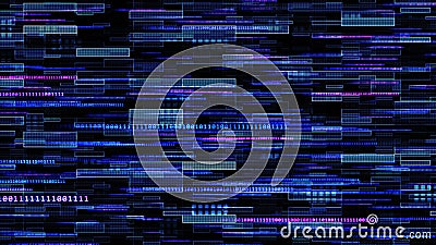 Modern graphic background in blue design - random arrangement of dotted rectangles with changing colors and lines of binary code Stock Photo