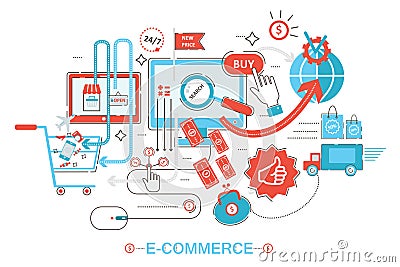 Modern graphic design style concept of online shopping, e-commerce online sales, digital marketing. Promo flat line Vector Illustration