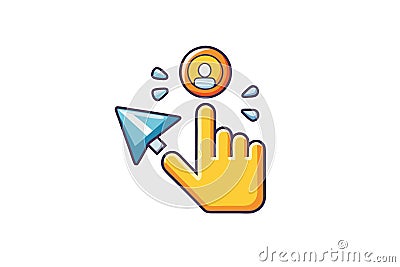 Modern graphic of a finger pointing to interactive icons, symbolizing online navigation, user interface interaction, and digital Vector Illustration