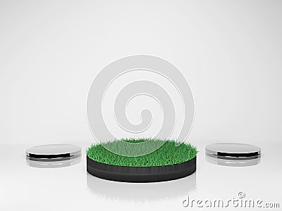 Modern Grass field Pedestal with two silver metallic podiums on white background. Stock Photo