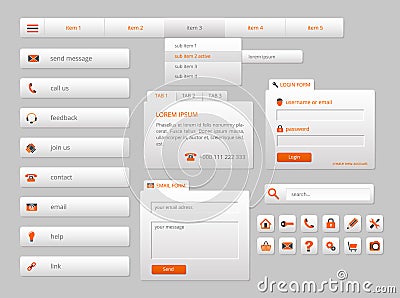 Modern gray web ui elements with orange icons Vector Illustration