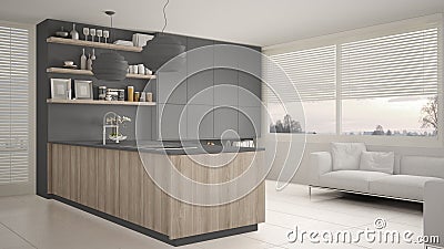 Modern gray and wooden kitchen with shelves and cabinets, sofa and panoramic window. Contemporary living room, minimalist architec Stock Photo