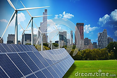 Modern green city powered only by renewable energy sources Stock Photo