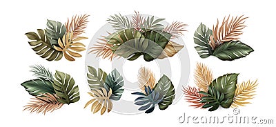 Modern Green and Gold Palm Leaves set on transparent background. Abstract tropic for banners. Bright tropical background Vector Illustration