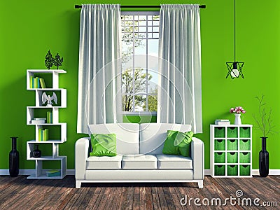 Modern green living room interior with white sofa and furniture and old wood flooring Stock Photo