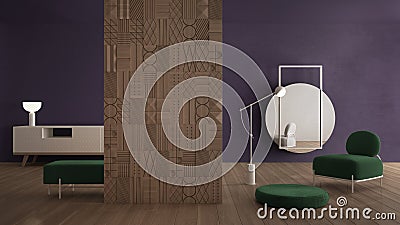 Modern green and purple minimalist abstract living room with decorated wooden partition wall, parquet floor, plaster wall, velvet Stock Photo