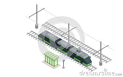 modern green tram at a stop on the rails isometric Vector Illustration