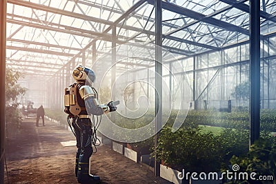 Modern greenhouse equipped with modern technologies and in which robots work Stock Photo