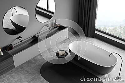 Modern grey panoramic bathroom with two round mirrors. Top view Stock Photo