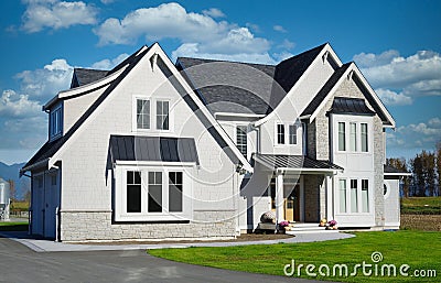 Modern Grey Stucco Exterior Farmhouse Maison House Cumulus Clouds Sky Background Stock Photo