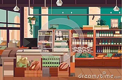 modern grocery shop interior supermarket with food product shelves racks with vegetables fruits and dairy drinks fridge Vector Illustration