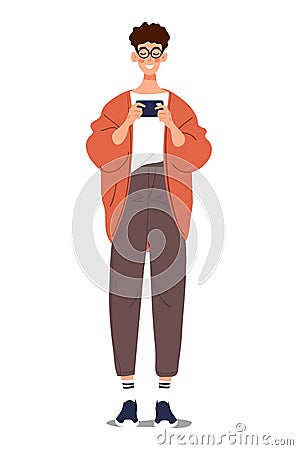 A modern guy uses a phone, a girl in jeans and a cardigan communicates in a smartphone messenger, a flat cartoon vector Vector Illustration