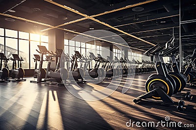 Modern gym interior with rows of treadmills. 3d rendering, rows of stationary bikes and health exercise equipment for bodybuilding Stock Photo