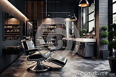 Modern hair beauty salon with dark design, luxury barbershop interior Stock Photo