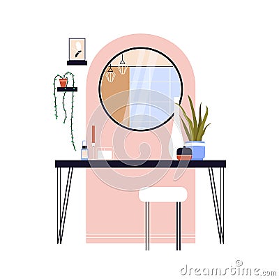 Modern hallway with painted wall arch, circle mirror, console table, candles and houseplants Vector Illustration