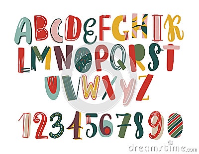 Modern hand drawn latin font or english alphabet for children decorated with scrawl. Bright letters arranged in Vector Illustration