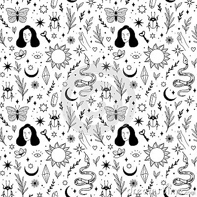 Modern hand drawn vector seamless pattern of planet, woman, floral leaves, magic elements. Abstract line drawing. Bugs, crystal, Vector Illustration