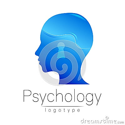 Modern head logo of Psychology. Profile Human. Creative style. Logotype in vector. Design concept. Brand company. Blue Vector Illustration