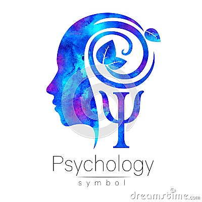 Modern head Logo sign of Psychology. Profile Human. Green Leaves. Letter Psi . Symbol in . Design concept. Brand company Stock Photo