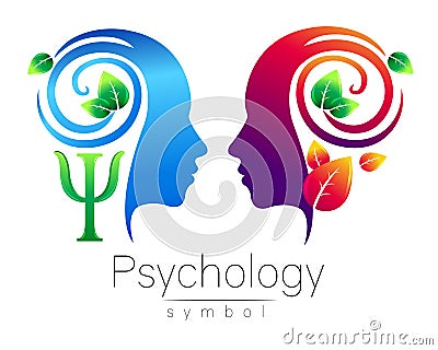 Modern head Logo sign of Psychology. Profile Human. Green Leaves. Letter Psi . Symbol in vector. Design concept. Brand Vector Illustration