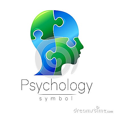 Modern head sign of Psychology. Puzzle. Profile Human. Creative style. Symbol in . Design concept. Brand company. Blue Stock Photo