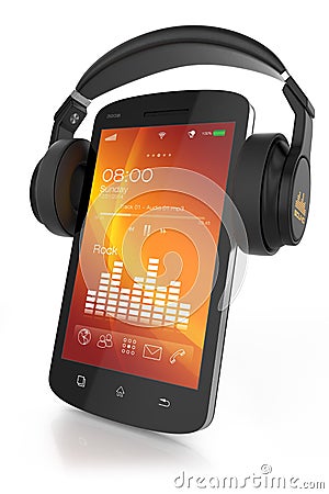 Modern headphones on musical smartphone Stock Photo