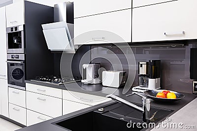 Modern hi-tek kitchen, clean interior design Stock Photo