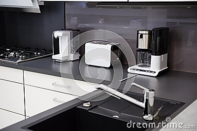 Modern hi-tek kitchen, clean interior design Stock Photo