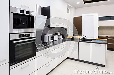 Modern hi-tek kitchen, clean interior design Stock Photo