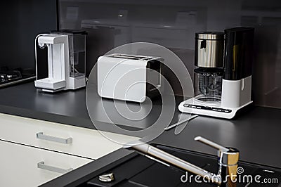 Modern hi-tek kitchen, clean interior design Stock Photo