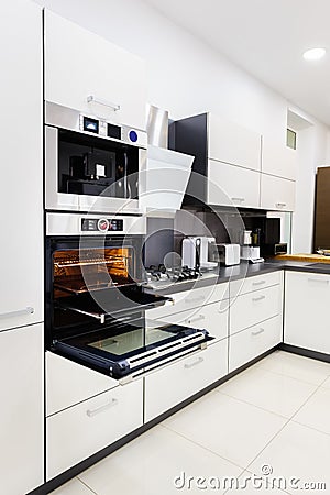 Modern hi-tek kitchen, oven with door open Stock Photo