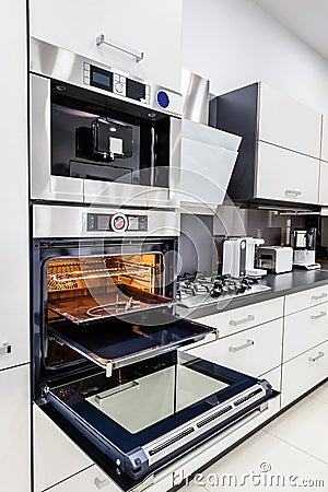 Modern hi-tek kitchen, oven with door open Stock Photo