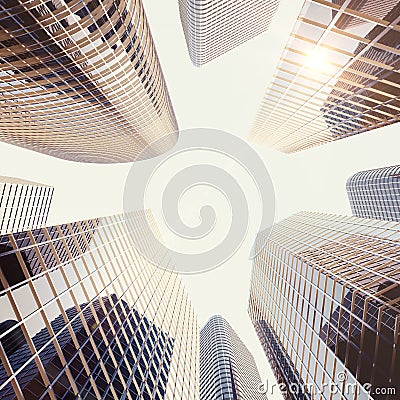 Modern high rise tall glass reflective skyscrapers in city downtown district. Business construction and estate financial Stock Photo