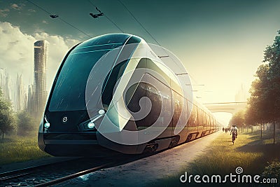 A modern high-speed electric train moves out of the city Stock Photo