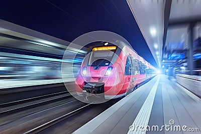 Modern high speed red passenger train at night Stock Photo