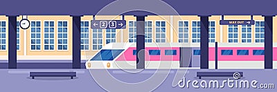 Modern high speed train on empty railway station. Railway passenger public transport, vector illustration. Vector Illustration