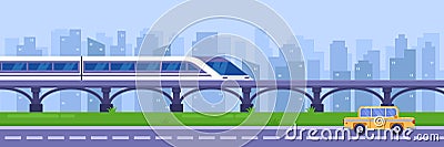 Modern high speed train on railway bridge. Railway passenger public transport, vector illustration. Vector Illustration