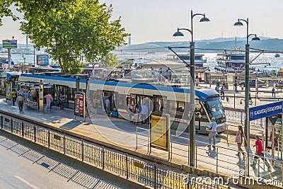 Modern high-speed tram on the streets of Istanbul. Turkey. Editorial Stock Photo