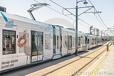 Modern high-speed tram on the streets of Istanbul. Turkey. Editorial Stock Photo