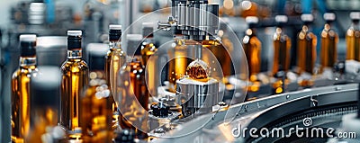 Modern high-tech labeling machine applying labels on bottles in an automated factory setting Stock Photo
