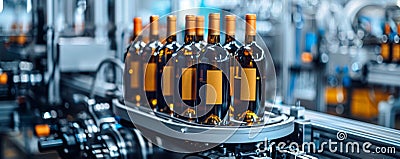 Modern high-tech labeling machine applying labels on bottles in an automated factory setting Stock Photo