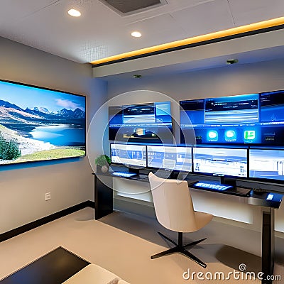 A modern, high-tech smart home control room with touchscreen panels and automation displays2, Generative AI Stock Photo