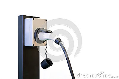 Modern and high technology of transportation electric vehicle charging Ev station with plug of power cable supply for Ev car or Stock Photo