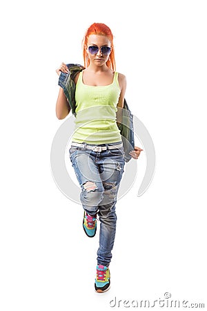 Modern hip-hop girl standing with jeans jacket Stock Photo