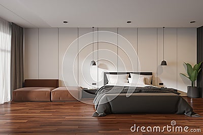 Modern home bedroom interior with bed, couch and panoramic window with tulle Stock Photo